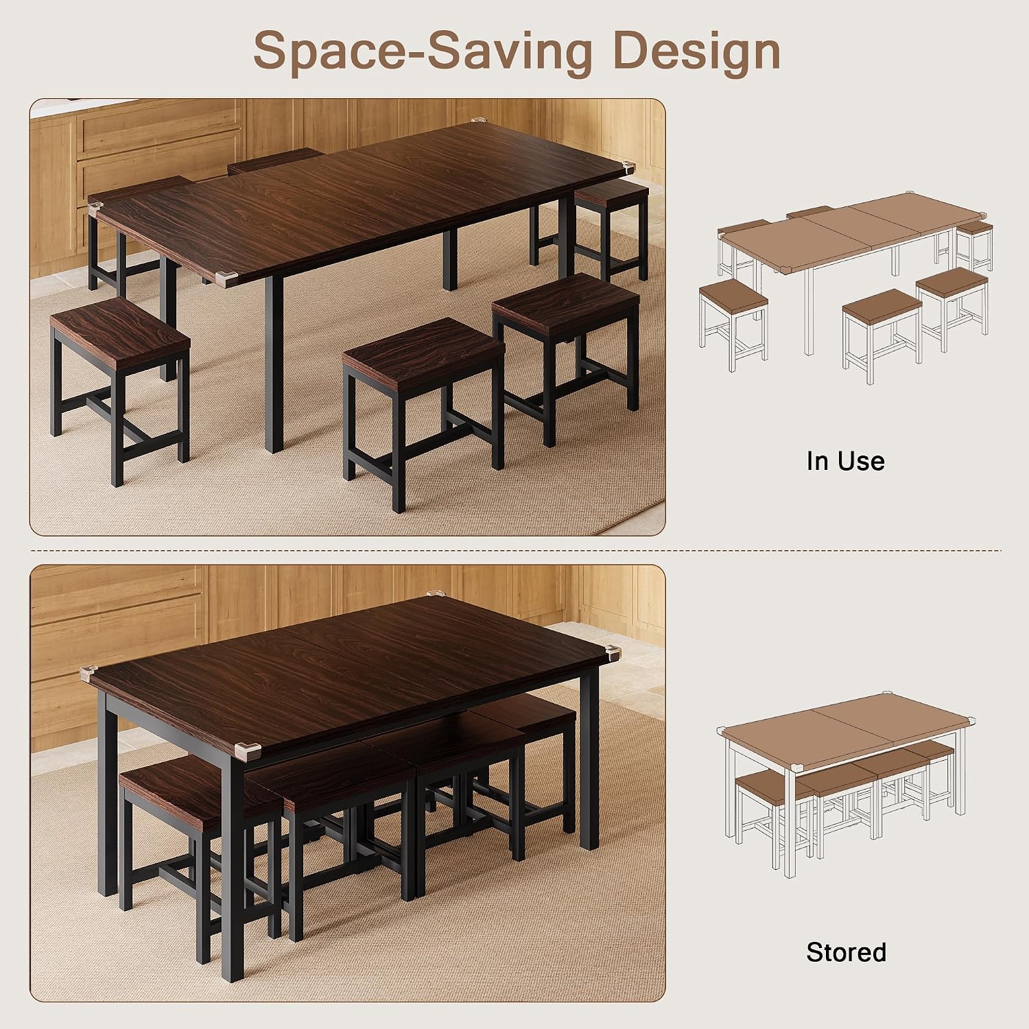Einhomn 7-Piece Dining Table Set, 63' Extendable Kitchen Room Table with 6 Stools, Mid Century Modern Dinner Table with Metal Frame & MDF Board, Space-Saving, Easy Assembly, Espresso