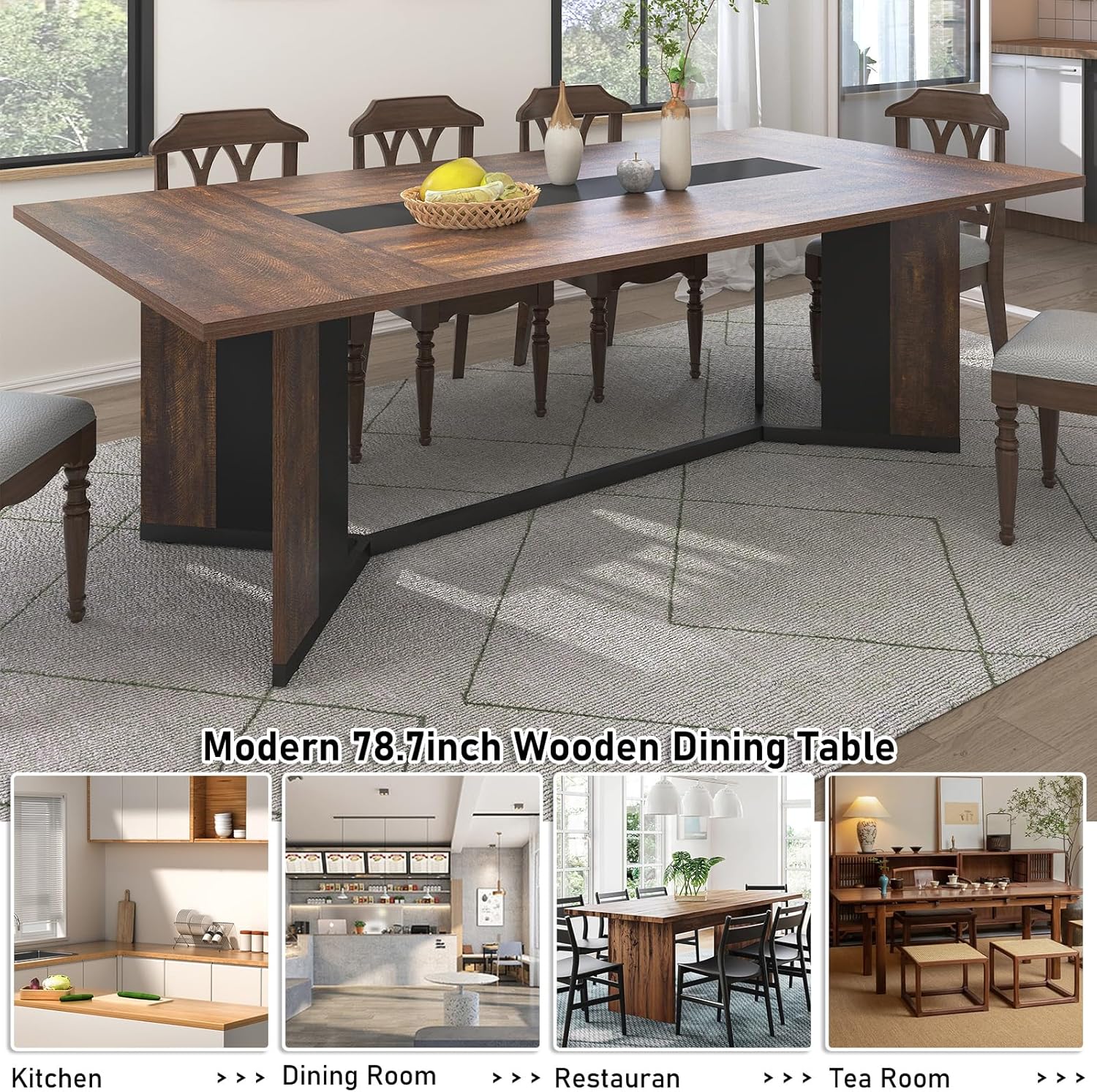 Hlivelood 78Inch Large Dining Table for 6 8 People,Wooden Rectangular Kitchen Table W/Waterproof Tabletop,Large Rectangle Furniture W/Adjustable Legs,Brown Dinner Table for Kitchen Dining Room(78IN)