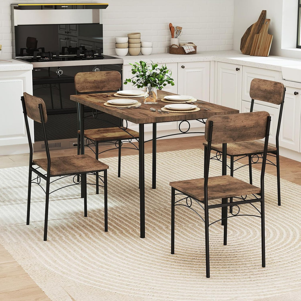 Giantex Dining Table Set for 4, Rectangle Kitchen Table and 4 Farmhouse Dining Chairs with Heavy-Duty Metal Frame, Wood Grain Surface,Space-Saving Dinette Set for Small Space, Home, Restaurant