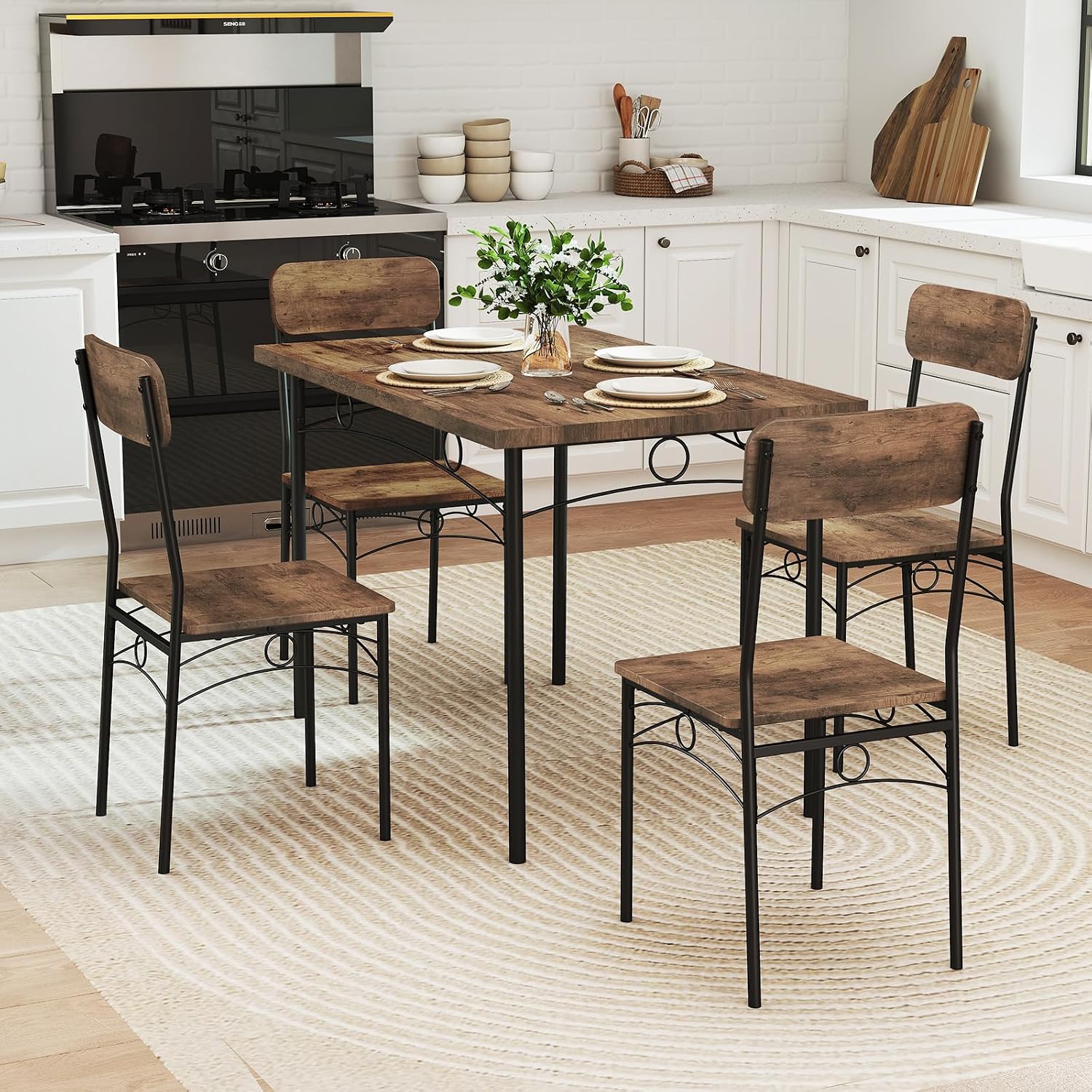 Giantex Dining Table Set for 4, Rectangle Kitchen Table and 4 Farmhouse Dining Chairs with Heavy-Duty Metal Frame, Wood Grain Surface,Space-Saving Dinette Set for Small Space, Home, Restaurant