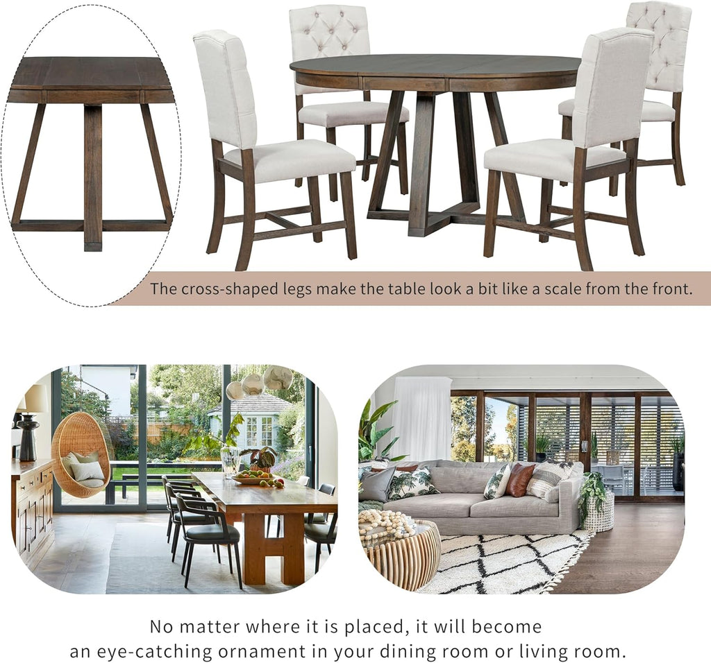 LUMISOL Round Dining Table Set for 4, Farmhouse Extendable Kitchen Table Set with 4 Upholstered Chairs, Solid Wood Table and Chairs Set for Kitchen, Dining Room, Living Room, Beige+Walnut