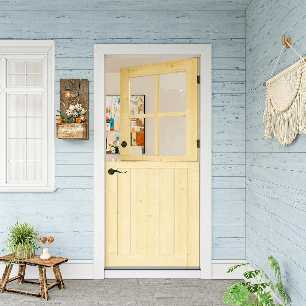 36' x 80' Exterior Dutch Entry Door (Front/Outside) - 1.75' Solid Pine with 4-Lite Glass, Half Panel,Interior Doors Slab for Home Entryway/Back w/4 Hinges+1 Latch +1 Slab+1 Lock Set