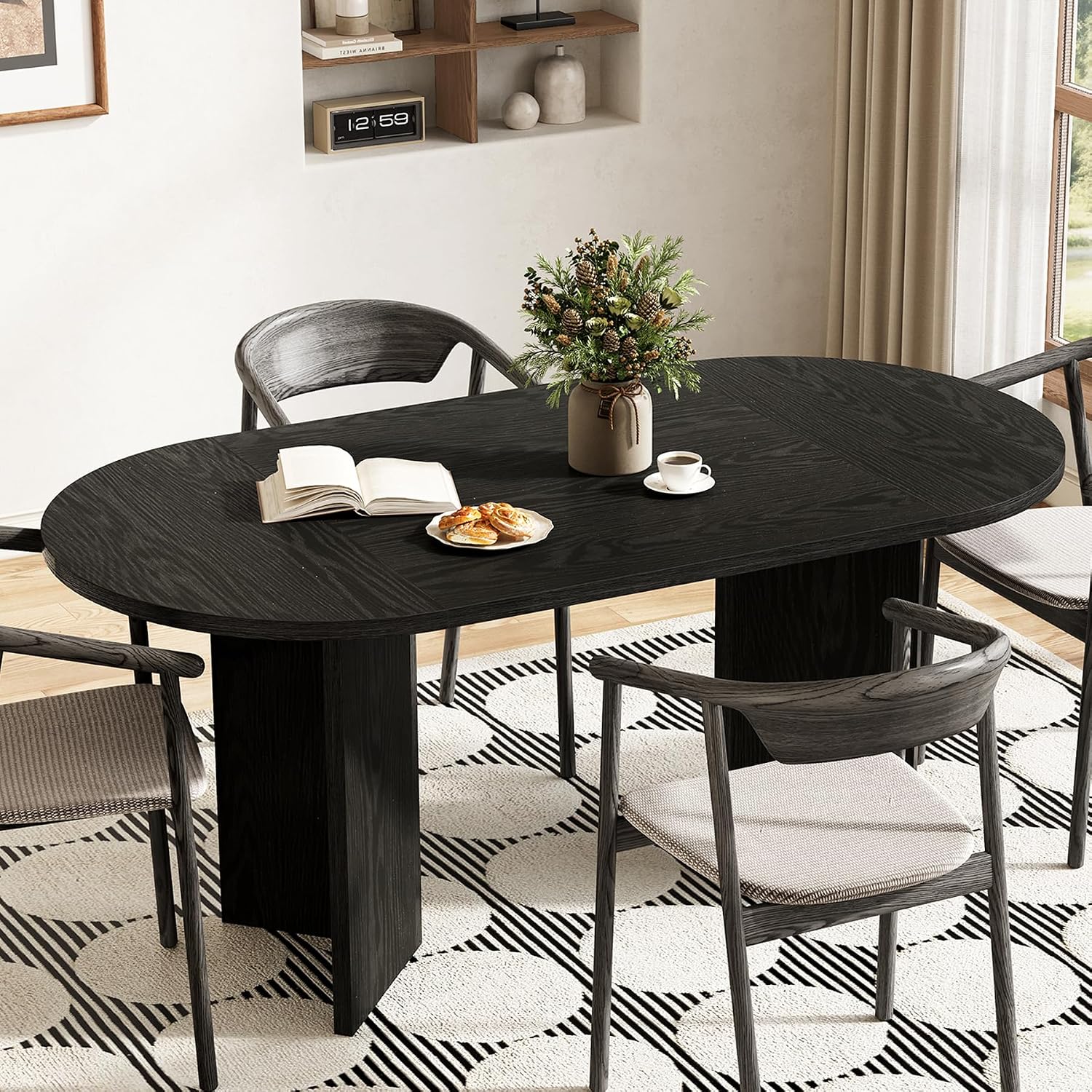 LITTLE TREE 63' Rustic Oval Dining Table for 4-6, Sturdy MDF Farmhouse Kitchen Table with Metal Strip Base, for Living Room, Office, Restaurant, Multi-Use, Black