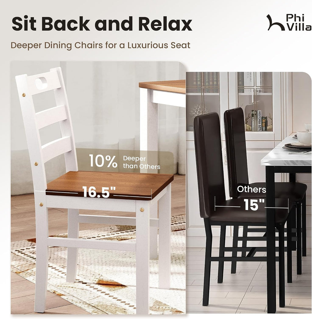 PHI VILLA Dining Table Set for 4, Solid Wood Farmhouse Kitchen Table Chairs Set of 4, 5 Piece Space-Saving Dining Room Table Set for Apartment, American Walnut& White
