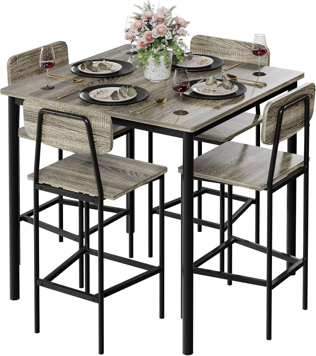 Kitchen Table and Chairs of 4, 5 Piece Dining Table Set, Sturdy Industrial Space Saving Dinette Set for Pub, Family Dinners, Apartment, Gray
