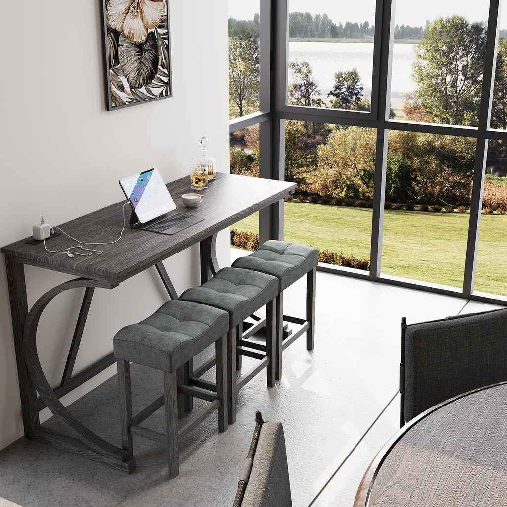 allamazing 4-Piece Counter High Bar Table Set with Socket and 3 Fabric Padded Bar Stools, Tall Kitchen Breakfast Nook with Stool, Black