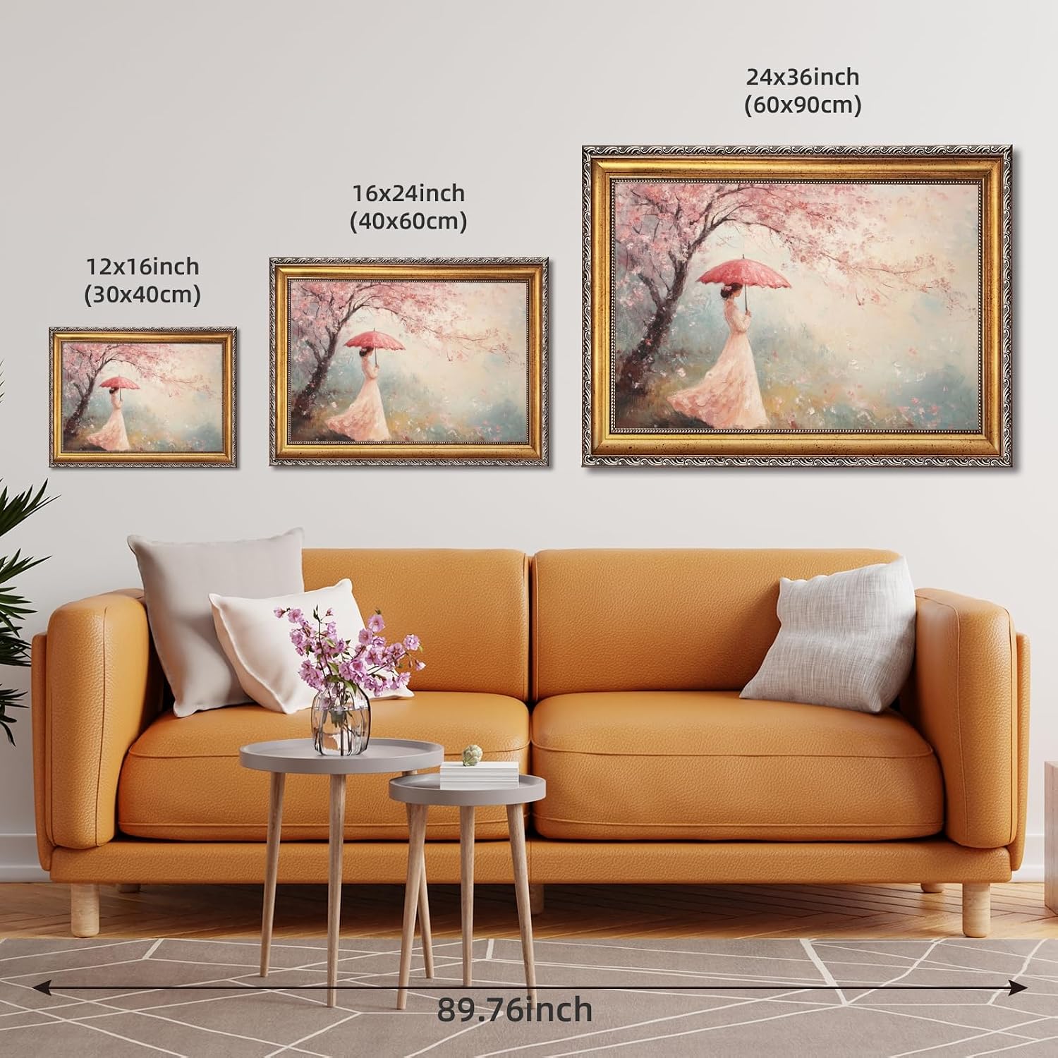 Large Framed Pink Cherry Blossom Tree Girl Oil Painting Wall Art Romantic Woman with Umbrella Canvas Print Spring Floral Japanese-Inspired Decor Vintage Artwork for Living Room Bedroom 24x36inch