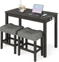allamazing 3-Piece Counter Height Bar Table Set with Socket and 2 Fabric Padded Bar Stools, Tall Kitchen Breakfast Dining Table Set with Stools (1+2 Black)