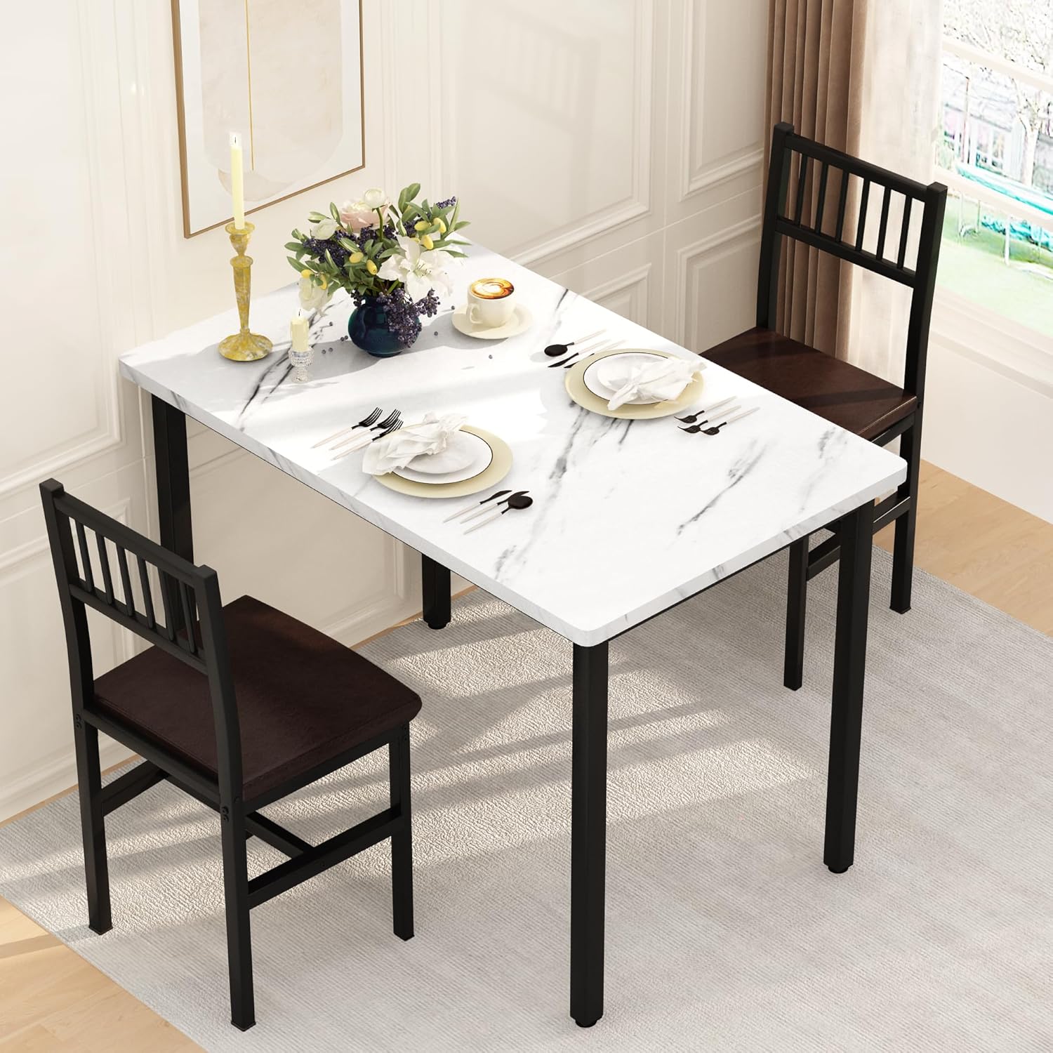 AWQM 3 Piece Dining Table Set for 2, Small Kitchen Table Set for 2 with Chairs,Wood Breakfast Nook Table and Chairs Set of 2,Dinette Set for Small Space,Dining Room,Apartment, White