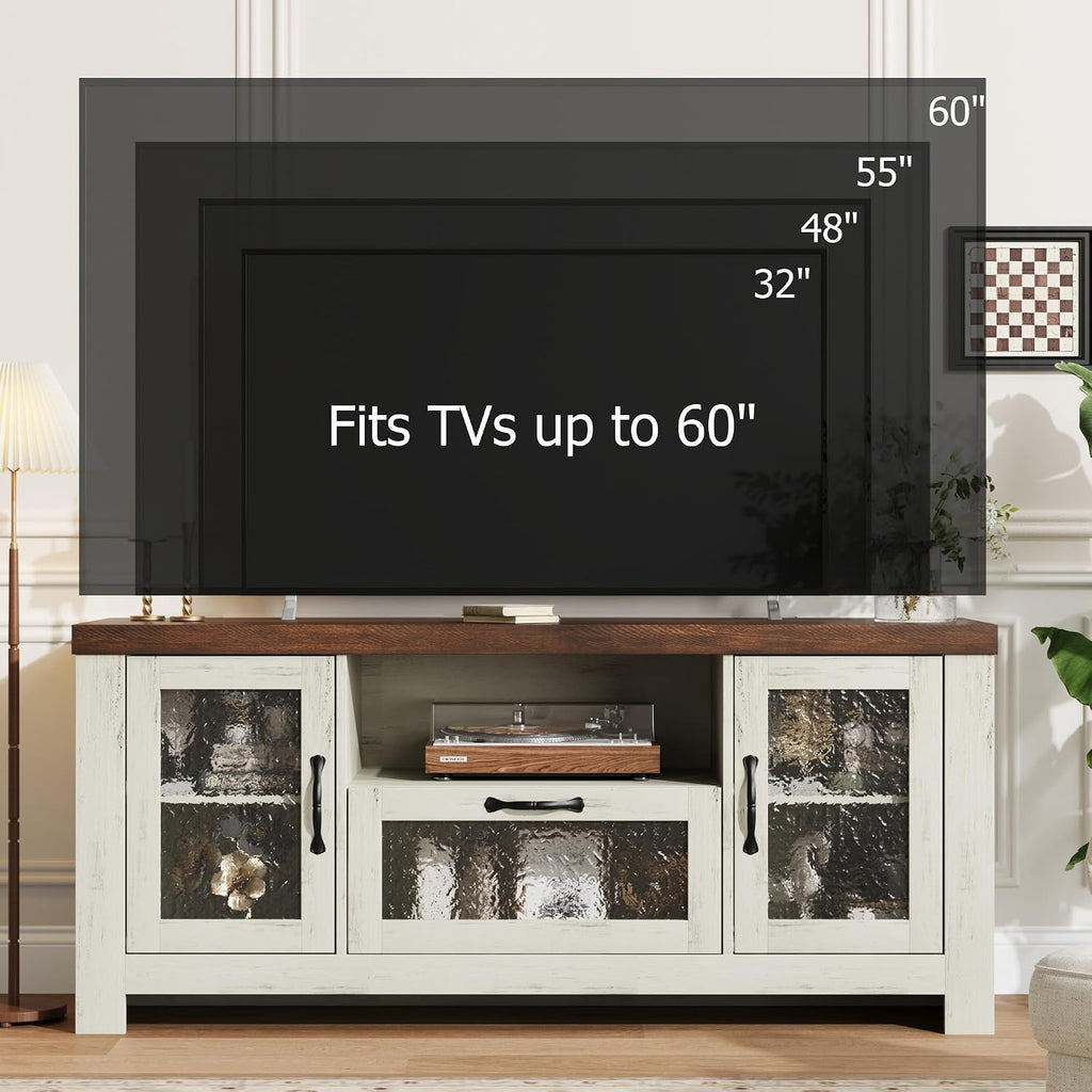 IDEALHOUSE TV Stand for 65 Inch TV, Farmhouse Entertainment Center with Acrylic Door Storage Cabinet & Adjustable Shelves, TV Console Table for Living Room Bedroom, White & Brown