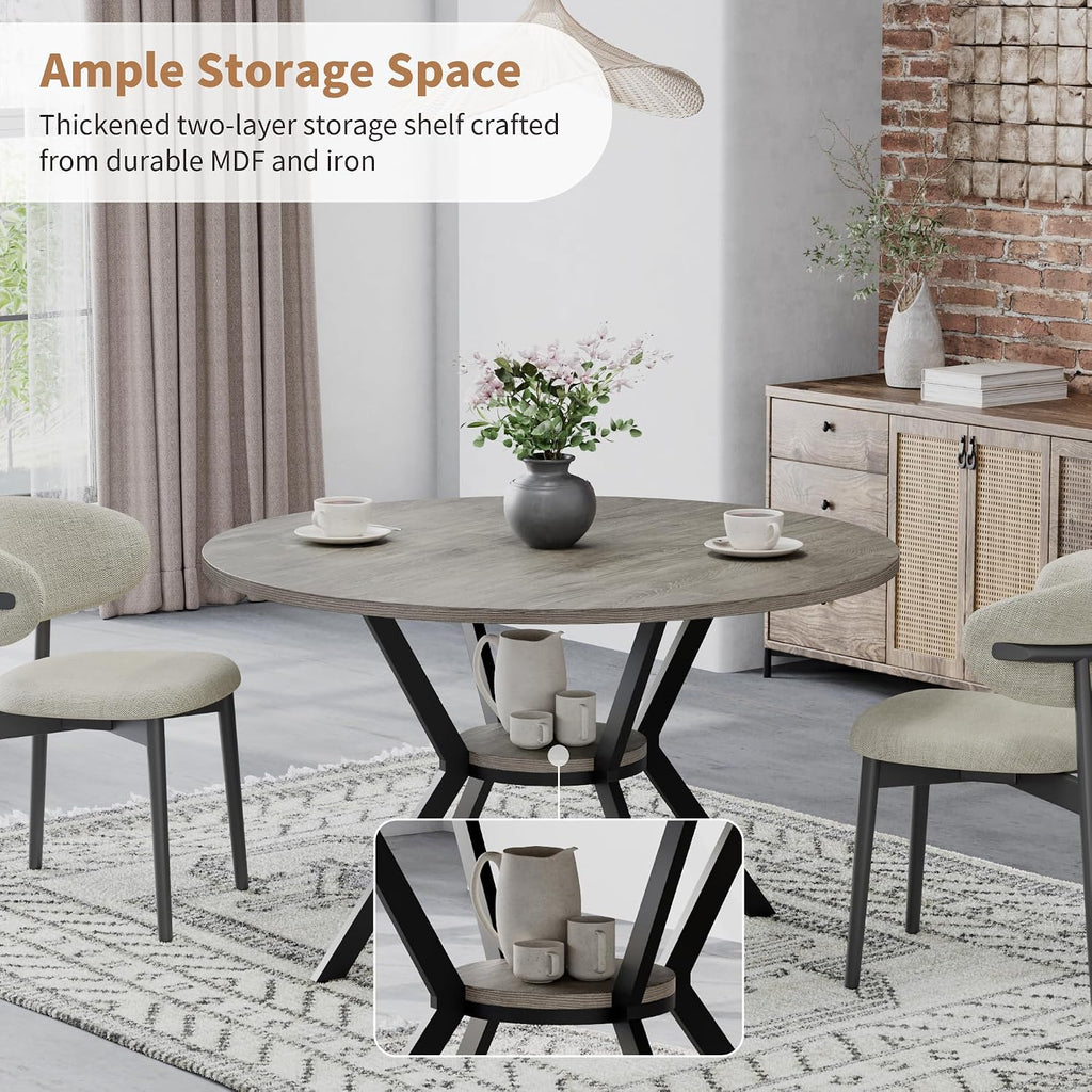 Round Dinner Table for 2-4, 42 Inch Kitchen & Dining Room Table with Storage, Wooden Circle Dining Table, Mid Century Modern Dining Table with Metal Legs for Kitchen, Living Room, Dining Room, Grey