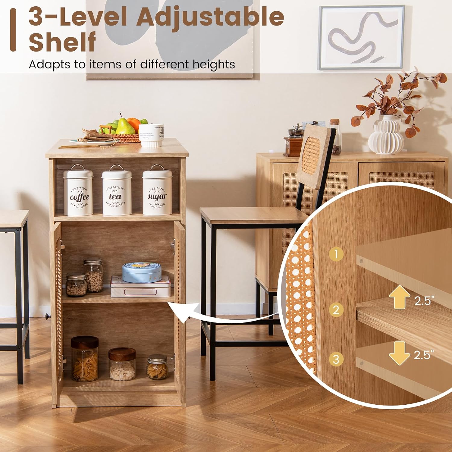 Giantex 3-Pcs Boho Rattan Dining Table Set for 2, Counter Height Bar Table with Storage Cabinet, Adjustable Shelf, 2 Bar Stools for Small Spaces, Dinette, Breakfast, Kitchen, Living Room, Apartment