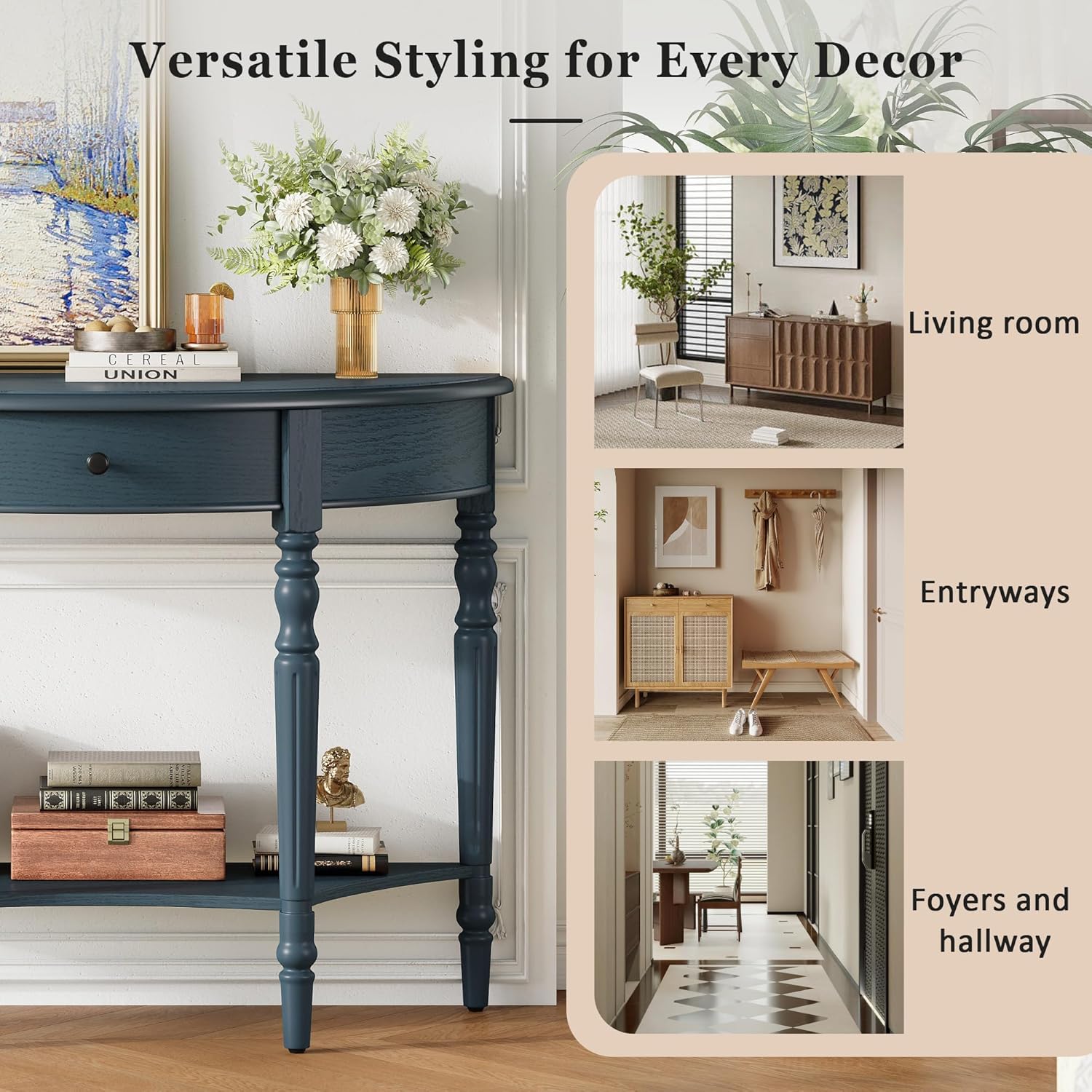 LKTART Farmhouse Half Moon Console Table with Solid Pinewood Frame & Legs,Modern Entryway Sofa Table for Behind Couch,Living Room,Hallway,Foyer (Navy,39')