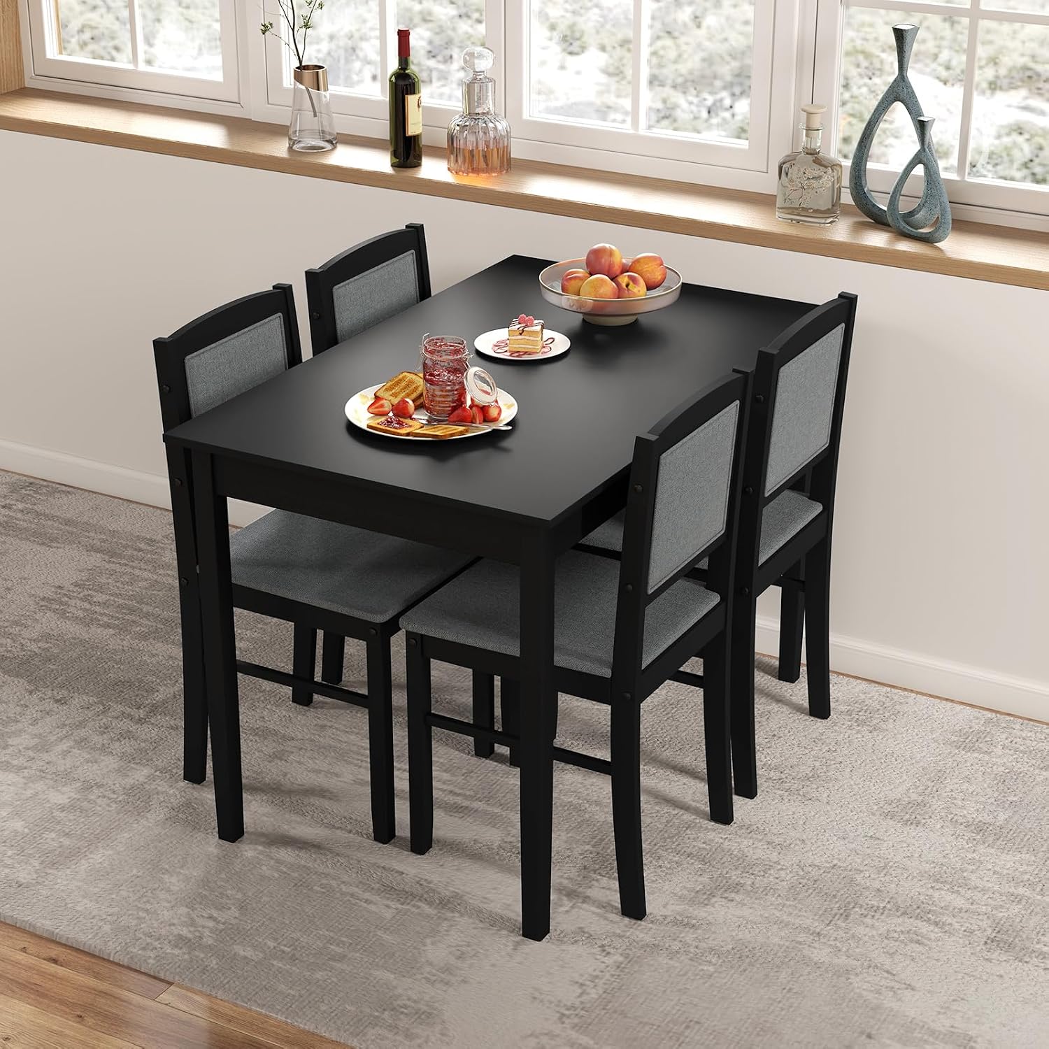Tangkula Dining Table Set for 4, Farmhouse Solid Wood Dinette Set w/Rubber Wood Legs, Upholstered Seat & Padded Backrest, Mid-Century Modern Dining Table and Chairs Set for Kitchen, Dining Room