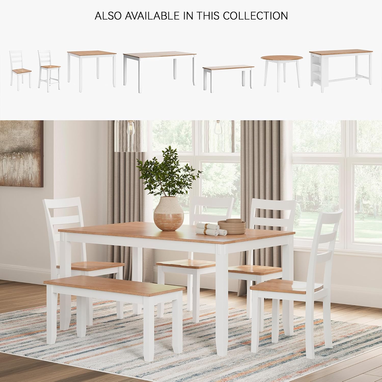 Signature Design by Ashley Gesthaven Casual Modern Dining Room Table Set with 4 Chairs and Bench, Set of 6, Mango Wood, 30.25' Table Height, White & Light Brown