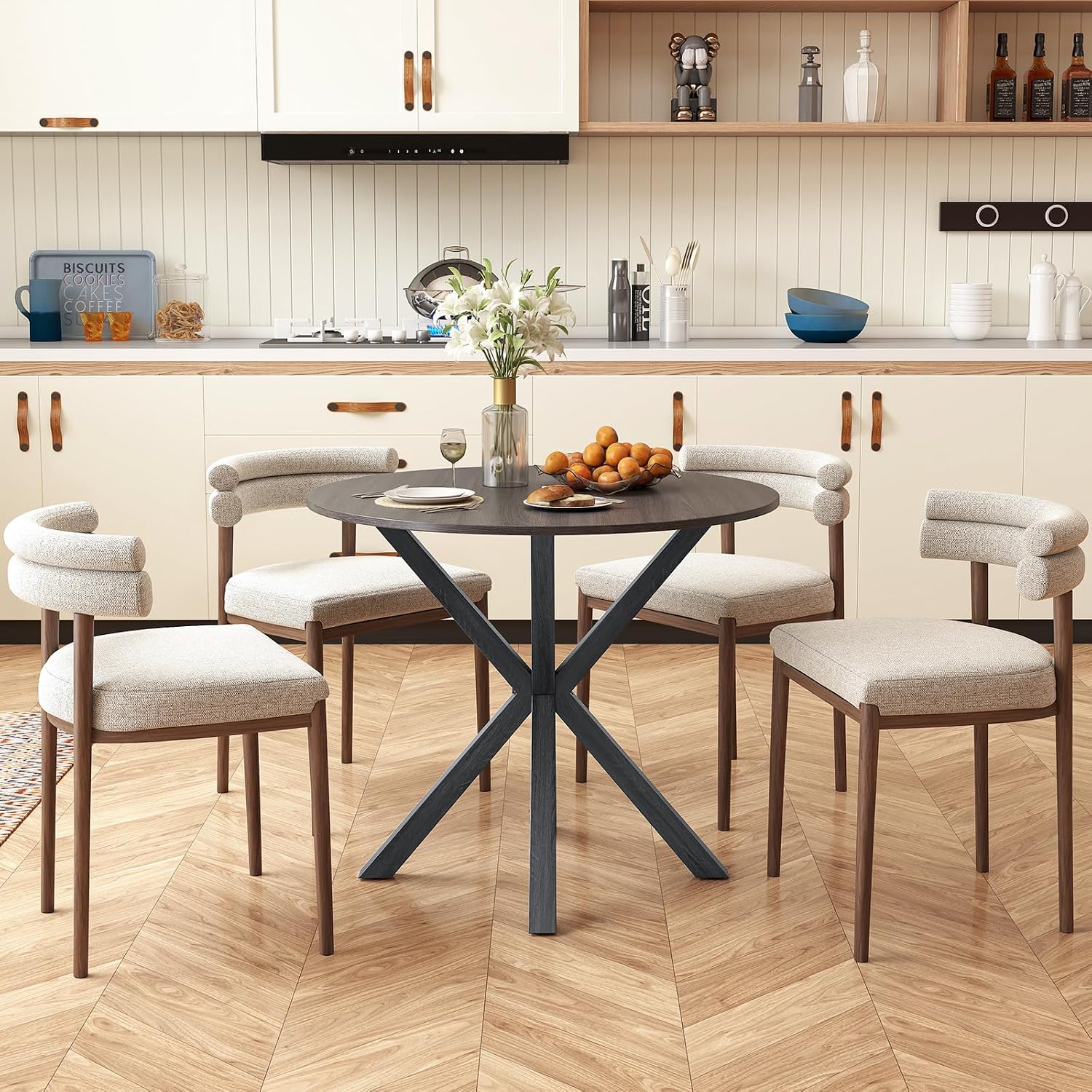 Giantex 36' Round Dining Table for 4, Farmhouse Kitchen Table with Rubber Wood Legs, Adjustable Foot Pads, Dining Room Tables for Dinette, Small Space, Dinner, Living Room, Restaurant