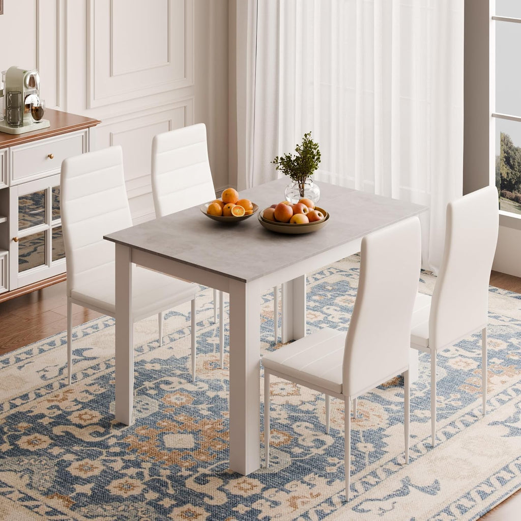 Mondeer Dining Table Set for 4, Kitchen Table Chairs with High Back Faux Leather, Space-Saving Dining Room and Home Office Set, 47.2 x 35.4 x 29.5'' (Grey Table and White Chairs)