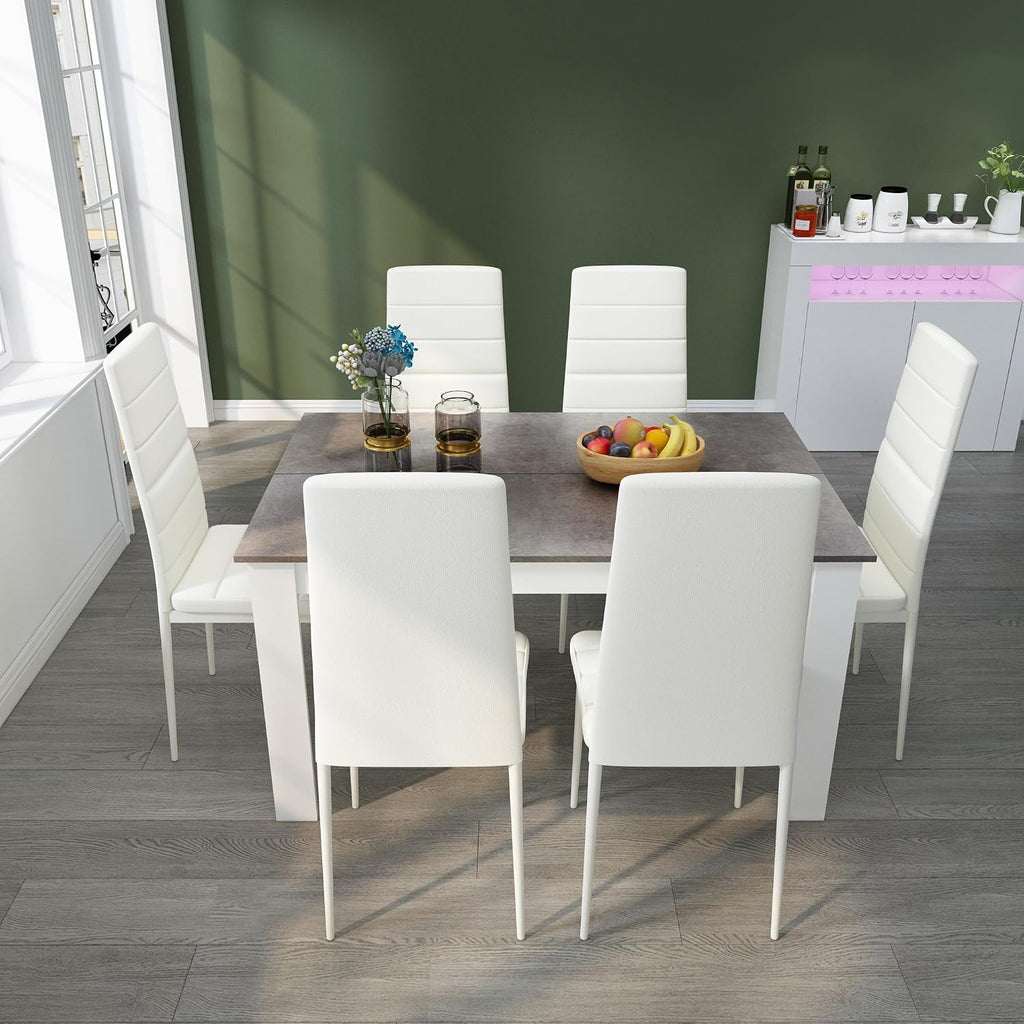 Mondeer Dining Table and Chairs Set 6, 7 Pieces Kitchen Table Set with High Back Faux Leather Chair for Dining Room Kitchen Rectangular Modern (Grey Table White Chairs)