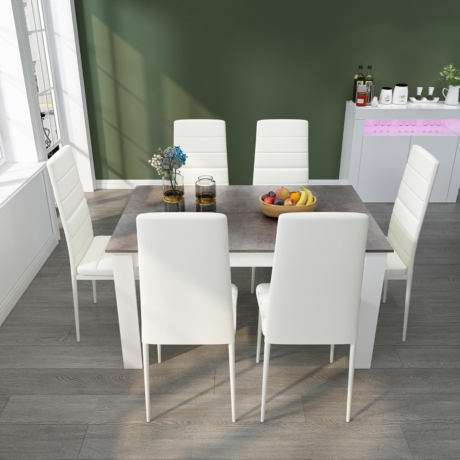 Mondeer Dining Table and Chairs Set 6, 7 Pieces Kitchen Table Set with High Back Faux Leather Chair for Dining Room Kitchen Rectangular Modern (Grey Table White Chairs)