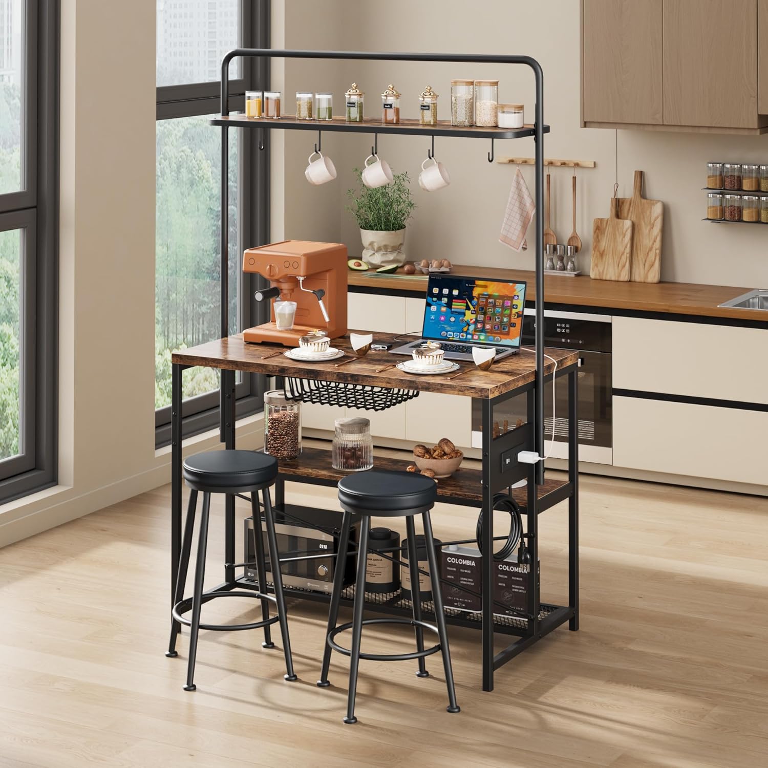 Garvee Kitchen Island with Power Outlet & 2 Bar Stools, Industrial Bakers Rack with 3-Tier Shelves & 5 Hooks, Microwave Stand Coffee Bar Table for Dining Room, Living Room, Apartment
