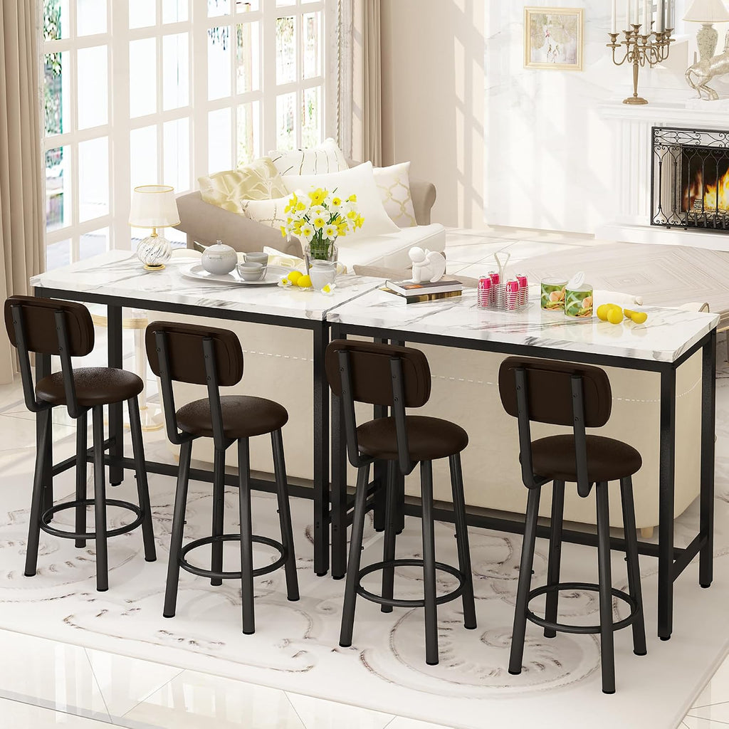 AWQM 3 Piece Bar Table Set of 2,39.3' Pub Bar Table and Chairs Set,Faux Marble Bar Height Table with 2 Backrest Stools,Small Dining Table for 2,Kitchen Table Set for Small Space,White & Brown