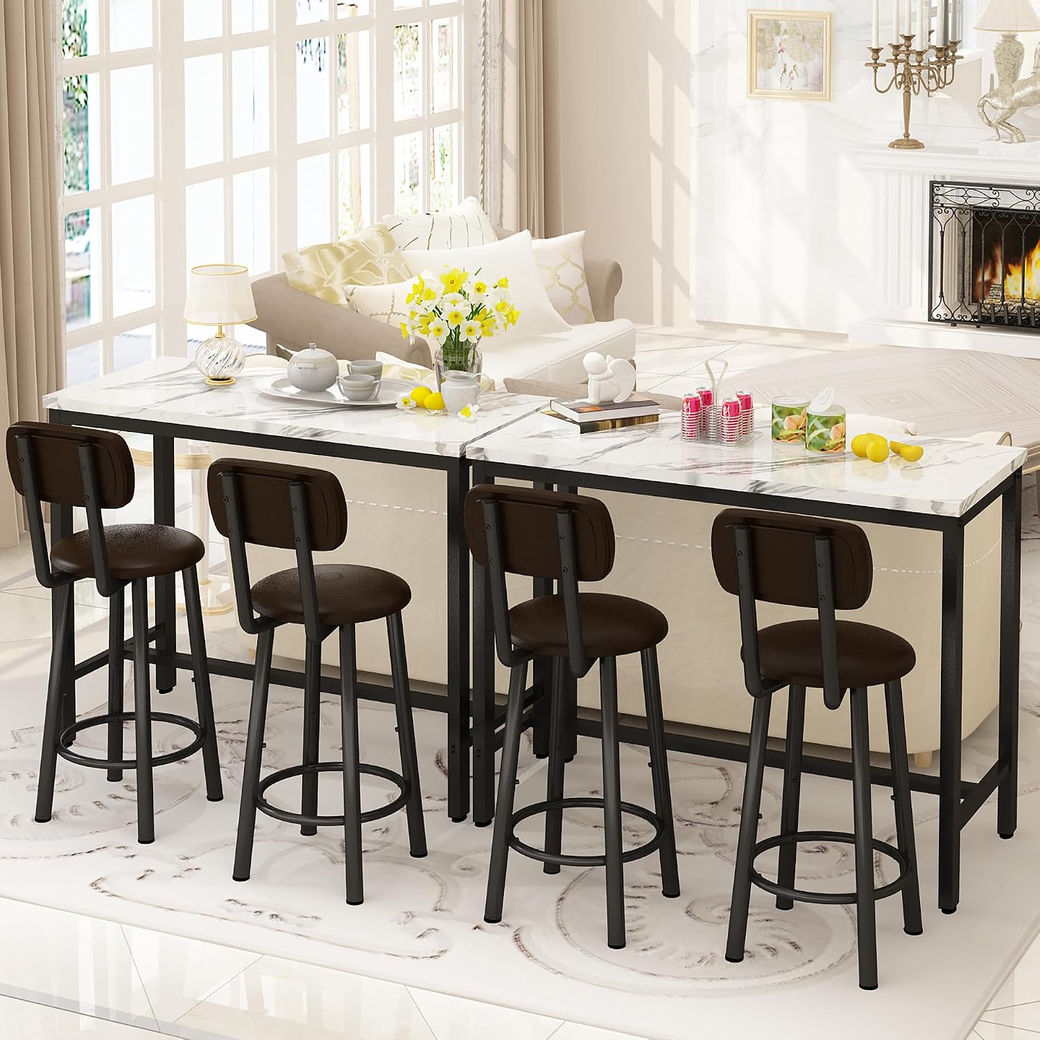AWQM 3 Piece Bar Table Set of 2,39.3' Pub Bar Table and Chairs Set,Faux Marble Bar Height Table with 2 Backrest Stools,Small Dining Table for 2,Kitchen Table Set for Small Space,White & Brown