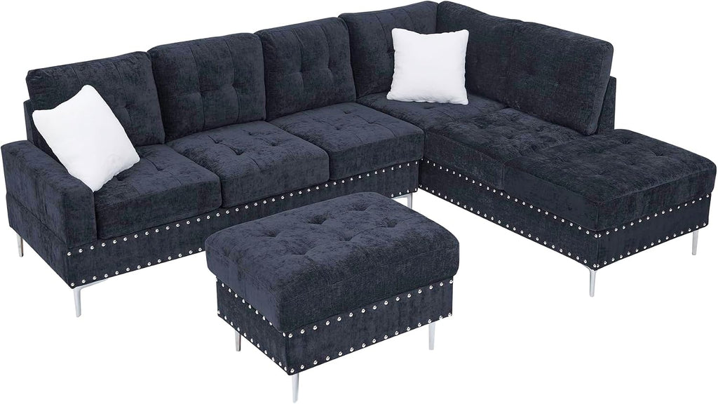 102' L-Shaped Sectional Coch with Chaise & Storage Ottoman, 4-Seater Chenille Upholstered Sofa Couch with Metal Legs & Copper Rivets, Sectional Couches for Living Room with Pillow Back, Navy Bule