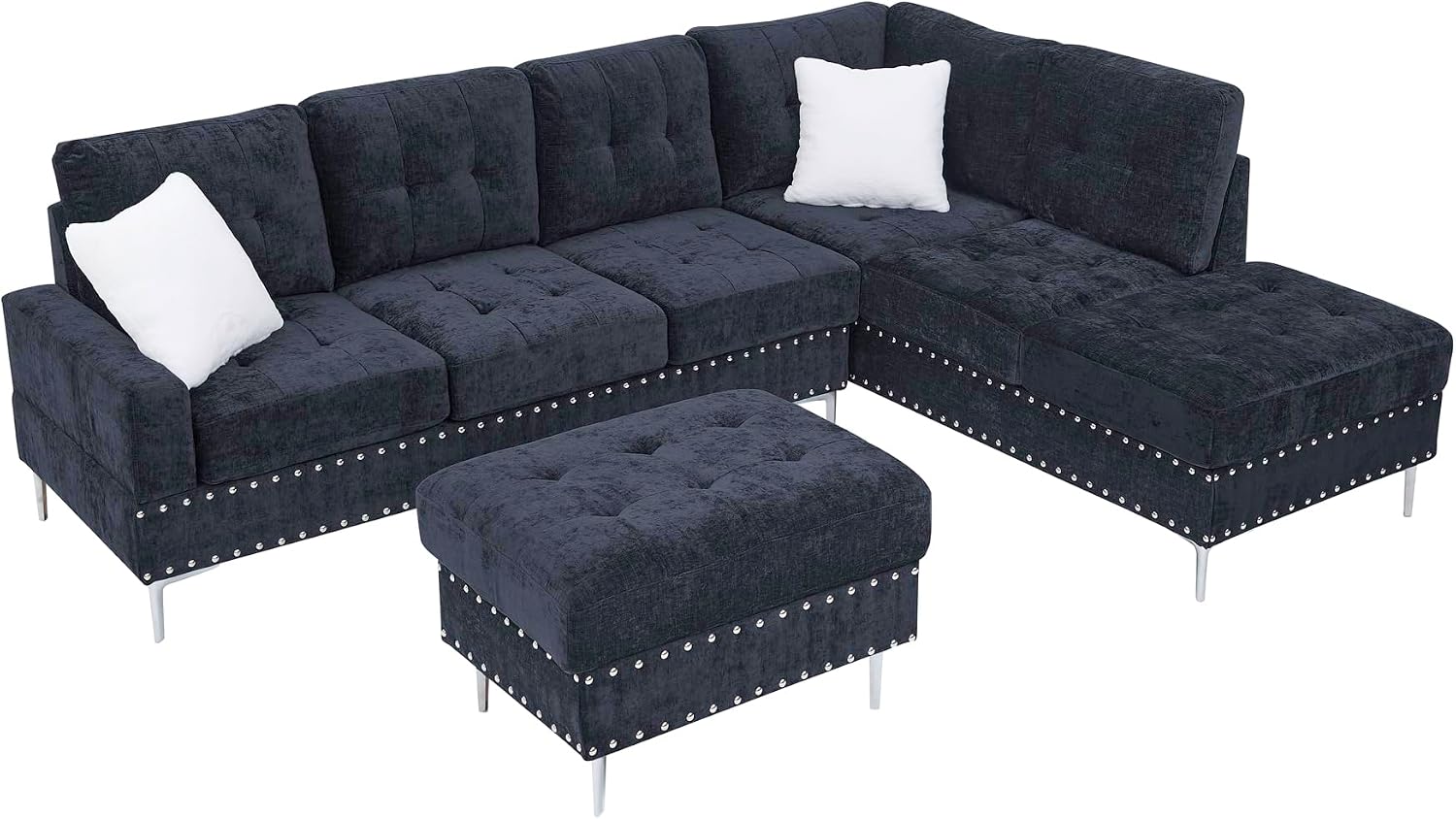102' L-Shaped Sectional Coch with Chaise & Storage Ottoman, 4-Seater Chenille Upholstered Sofa Couch with Metal Legs & Copper Rivets, Sectional Couches for Living Room with Pillow Back, Navy Bule