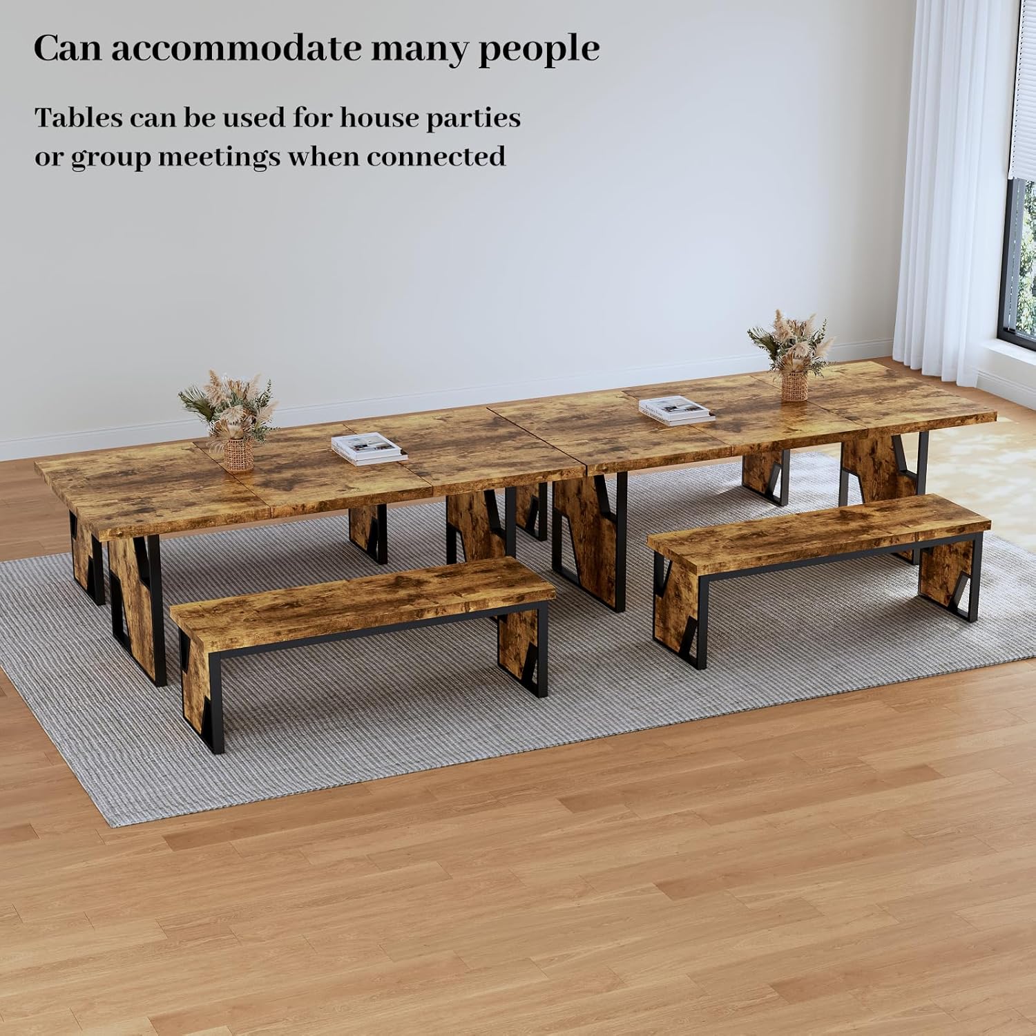HIPIHOM 70.8' Wooden Dining Table with 2 Benches, Modern Kitchen Table and Chairs Set for 4-6 Person, Thickened MDF Wooden Table with Dining Bench for Living Dining Room, Kitchen, Office