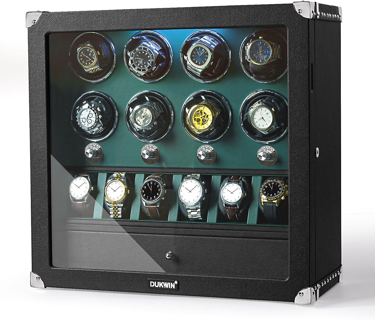 DUKWIN Watch Winder for 4/6/8 Automatic Watches, Lockable Winders with Watch Holders and Jewelry Storage, Super Quiet Motor with High-Gloss Finish, Built-in Illumination