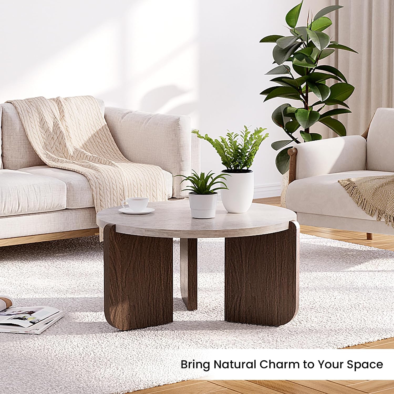 SUNBURY Modern Round Coffee Table with Sturdy Base, Wood Center Tables for Living Room Reception Room, Faux Marble Tabletop, Easy Assemble