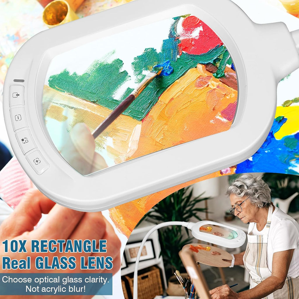 Large Magnifying Glass with Light and Stand, 10X Rectangle Optical Real Glass Lens, Height Adjustable Gooseneck Magnifier Floor Lamp, 5 Color Modes LED Dimmable Lighted Hands Free for Crafts - White