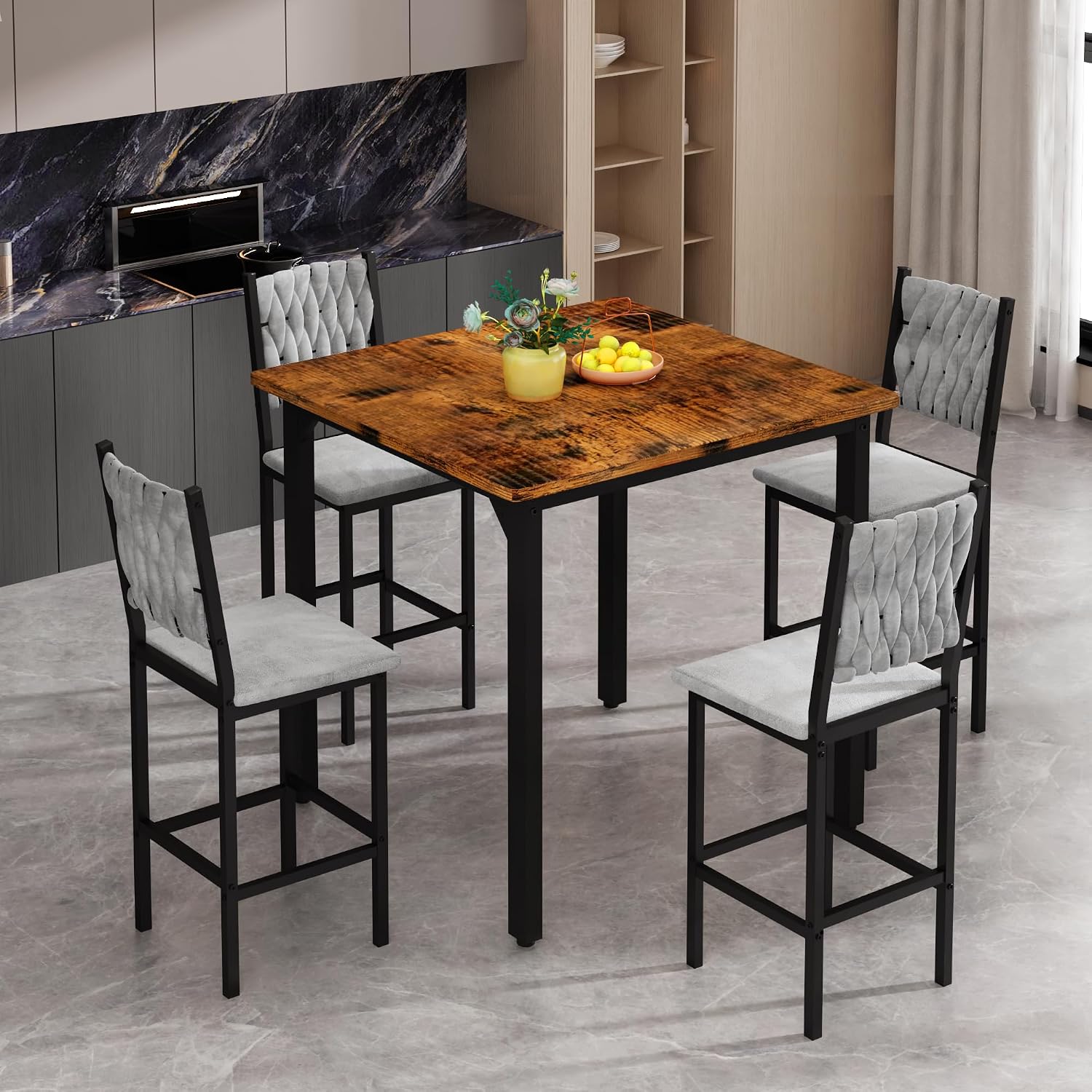 AWQM 5-Piece Dining Table Set, Dining Table Set for 4, Counter Height Table & 4 Velvet Bar Stools, Modern Kitchen Dining Set, Compact Dining Set for Small Spaces (Walnut Color & Velvet Chairs)