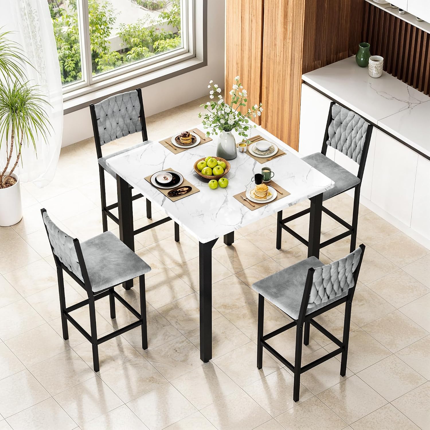 AWQM 5-Piece Dining Table Set, Dining Table Set for 4, Counter Height Table & 4 Velvet Bar Stools, Modern Kitchen Dining Set, Compact Dining Set for Small Spaces (Marble Texture & Velvet Chairs)