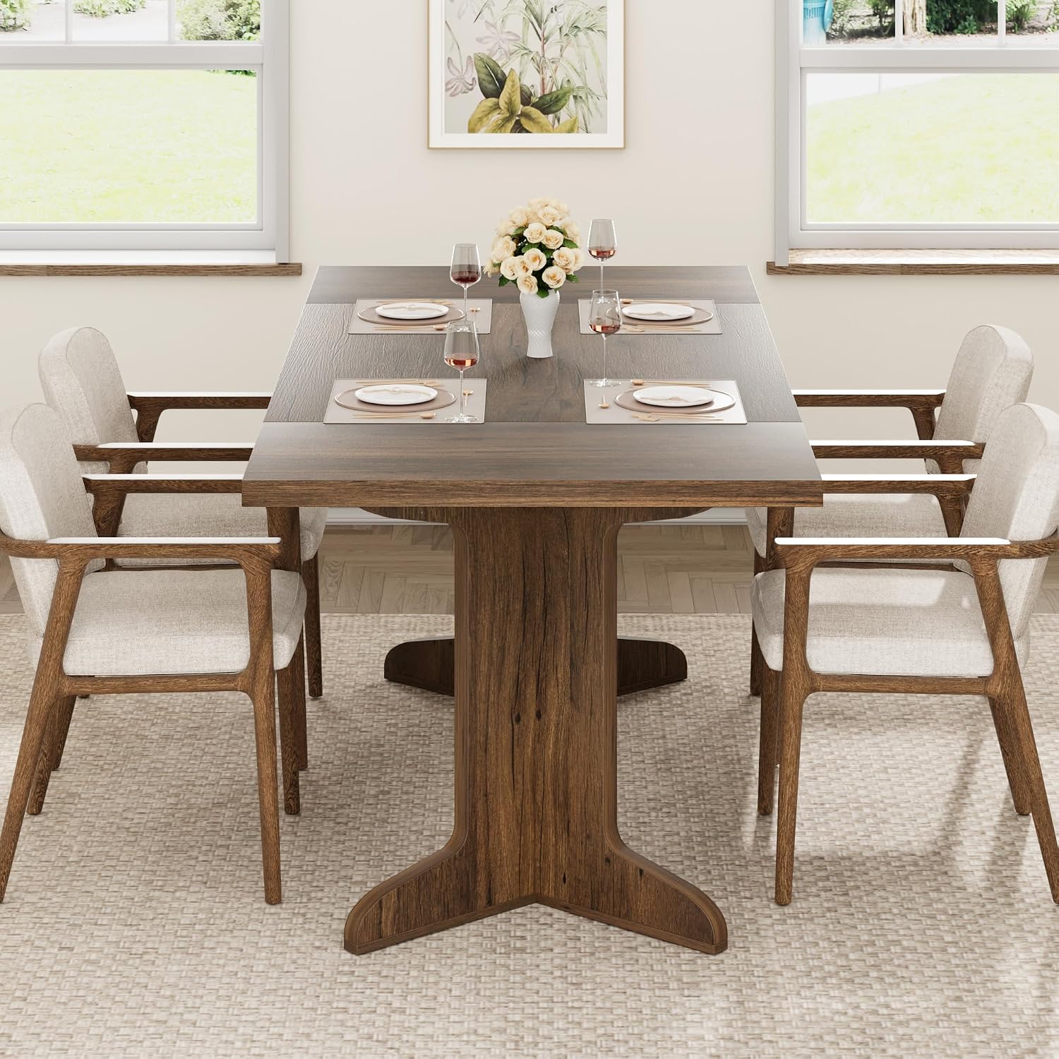Garvee 71' Large Dining Table for 6 to 8 People, Modern Dinner Table with Unique Wooden Legs, Rectangle Dining Table for Kitchen, Dining Room & Living Room, Walnut