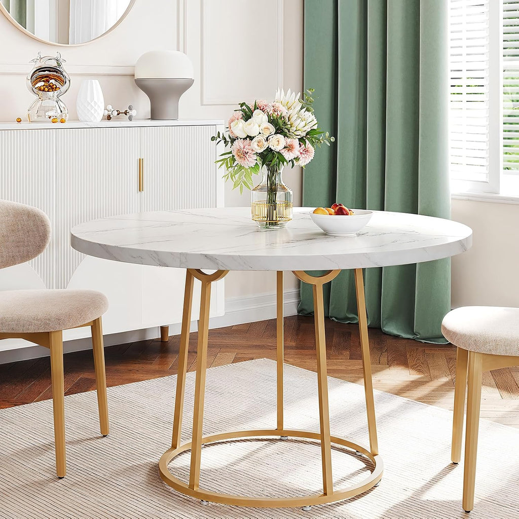 ONBRILL Round Dining Table, 47.24 Inch, Wooden Faux Marble with Gold Base, Circle Modern Small Table for Home Dining Room, Kitchen, Restaurant (White)