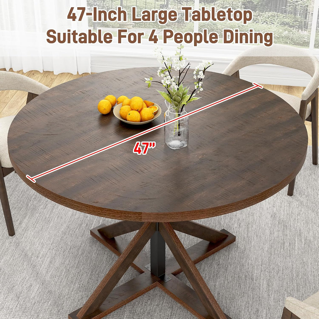 jiteentarou Round Wood Dining Table for Kitchen,Dining Room,Living Room,Farmhouse Dinner Tables W/Thickened Brown Wooden Waterproof Tabletop for 4 People,47 inch Rustic Kitchen Table W/Metal Support