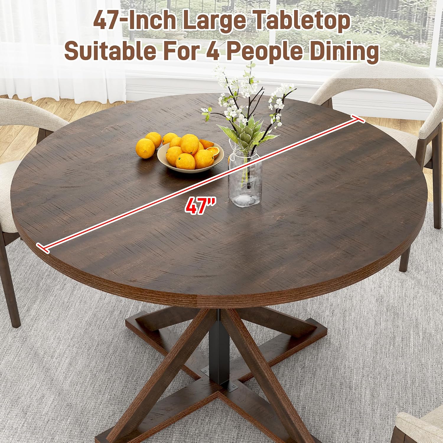 jiteentarou Round Wood Dining Table for Kitchen,Dining Room,Living Room,Farmhouse Dinner Tables W/Thickened Brown Wooden Waterproof Tabletop for 4 People,47 inch Rustic Kitchen Table W/Metal Support