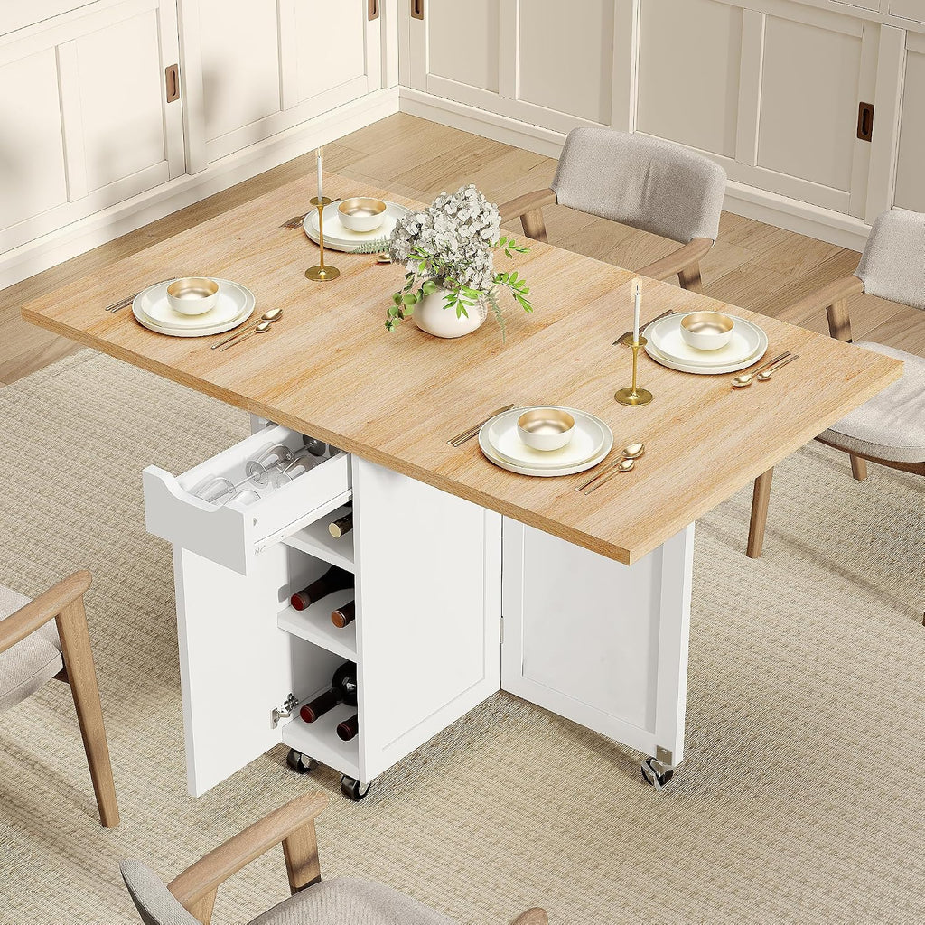 Folding Dining Table with 6 Wheels, Drop Leaf Tables for Small Spaces, Foldable Dining Table with 2-Layer Storage Rack, Kitchen Table with Drawer (Oak)