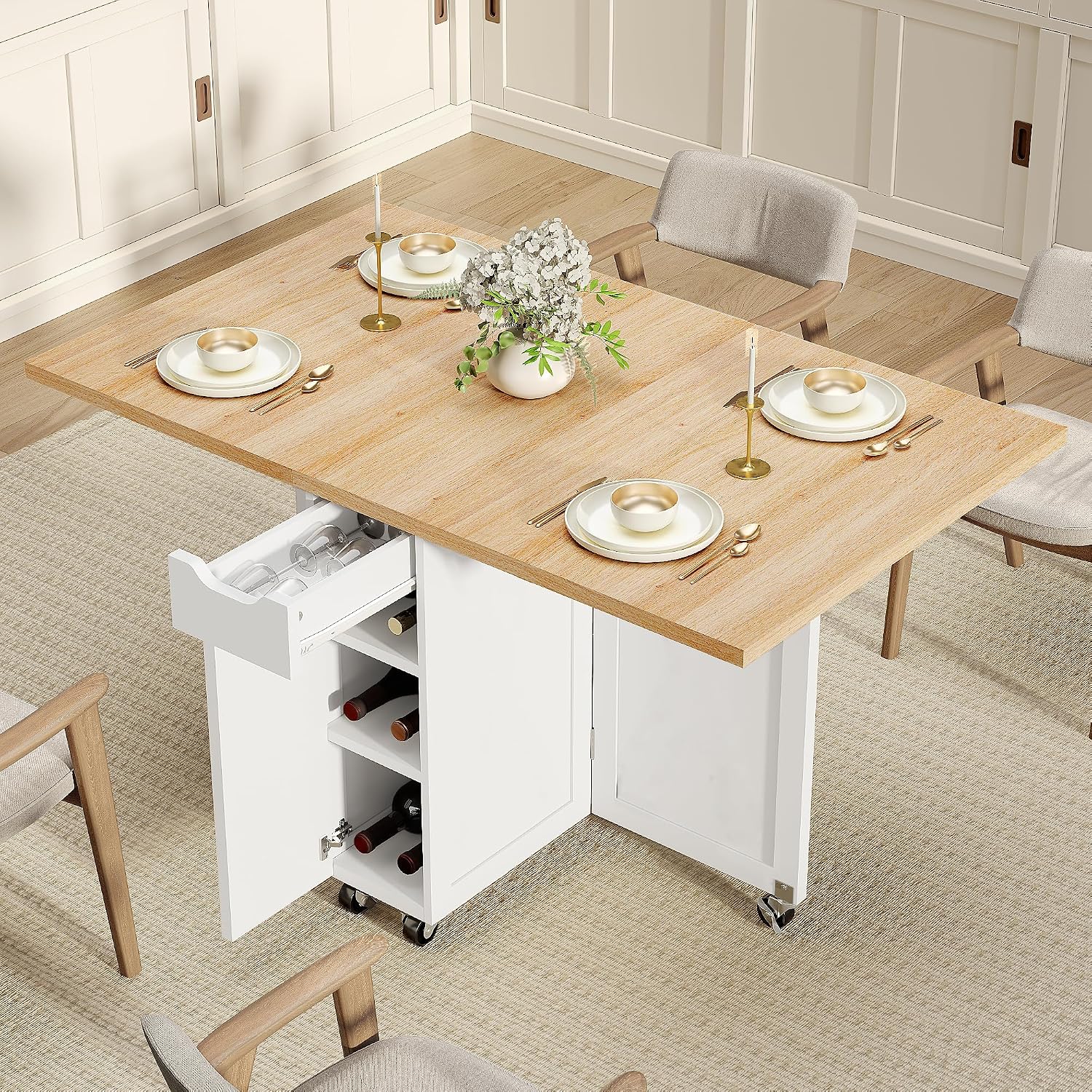 Folding Dining Table with 6 Wheels, Drop Leaf Tables for Small Spaces, Foldable Dining Table with 2-Layer Storage Rack, Kitchen Table with Drawer (Oak)