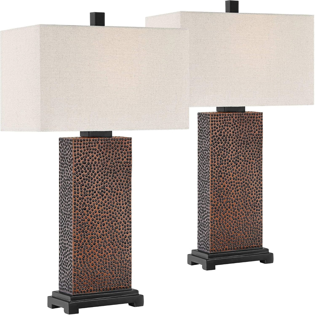 360 Lighting Caldwell Rustic Farmhouse Table Lamps 24.75' Tall Set of 2 Bronze Hammered Textured Fabric Rectangular Shade for Bedroom Living Room House Home Bedside Nightstand Office Family