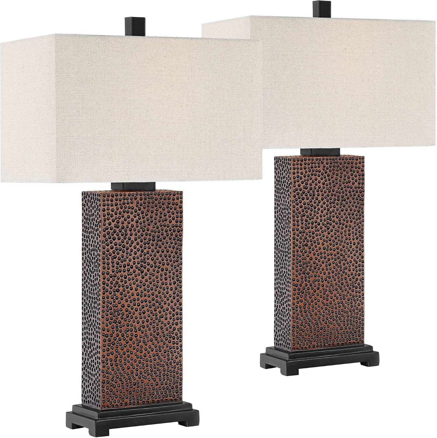360 Lighting Caldwell Rustic Farmhouse Table Lamps 24.75' Tall Set of 2 Bronze Hammered Textured Fabric Rectangular Shade for Bedroom Living Room House Home Bedside Nightstand Office Family