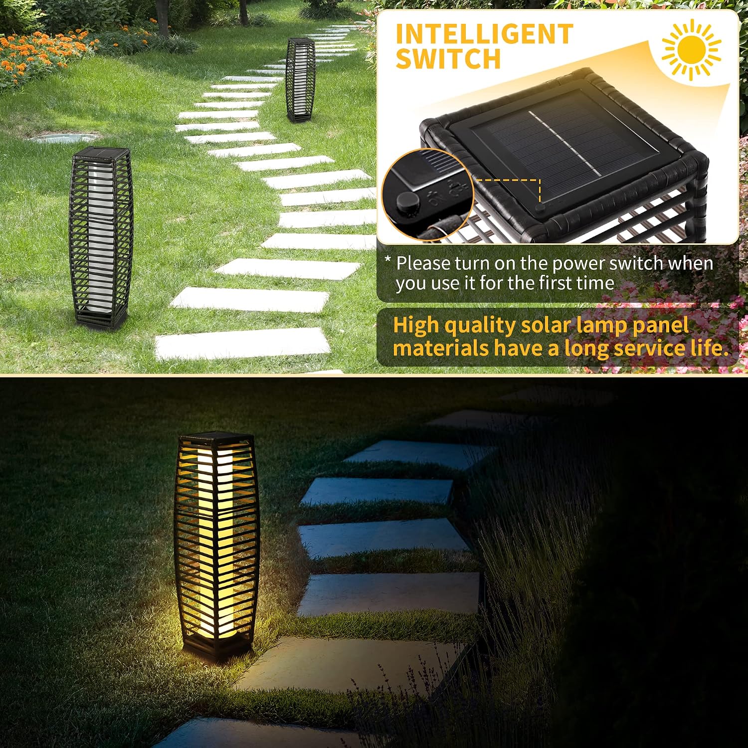 Solar Powered Outdoor Floor, 2 Piece Outdoor Floor Lamps, Solar Lanterns Waterproof Resin Wicker, Weather-Resistant Rattan Deck Light for Patio, Lawn, Porch, Garden
