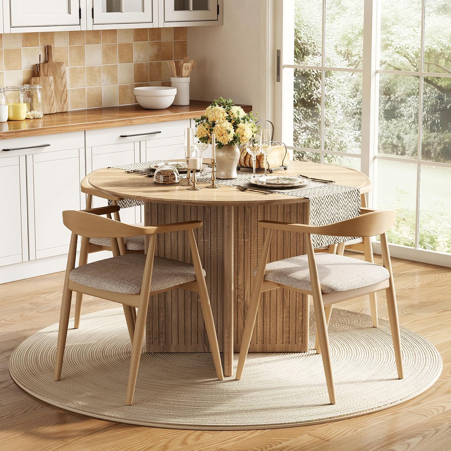 LITTLE TREE Round Dining Table for 4-6 People, Modern Wooden Kitchen Table with Pedestal Base, Small Dinner Table for Dining Room, Kitchen, Living Room
