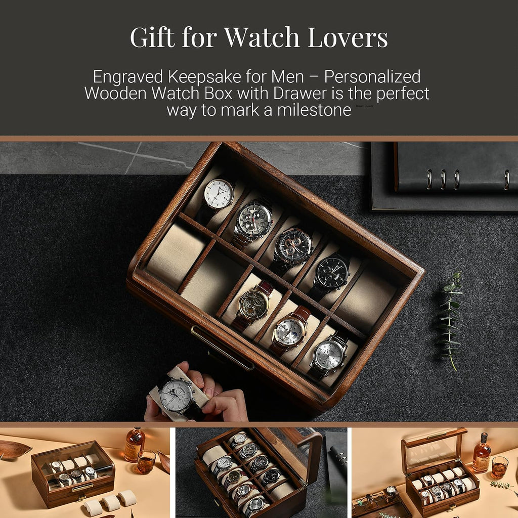Shanik Wooden Watch Box with Drawer & Glass Lid – Acacia Wood Valet Tray Organizer for Men, Minimalist Nightstand Storage, Engraved Daily Watch Display Case, Personalized Gift for Him, Father's Day