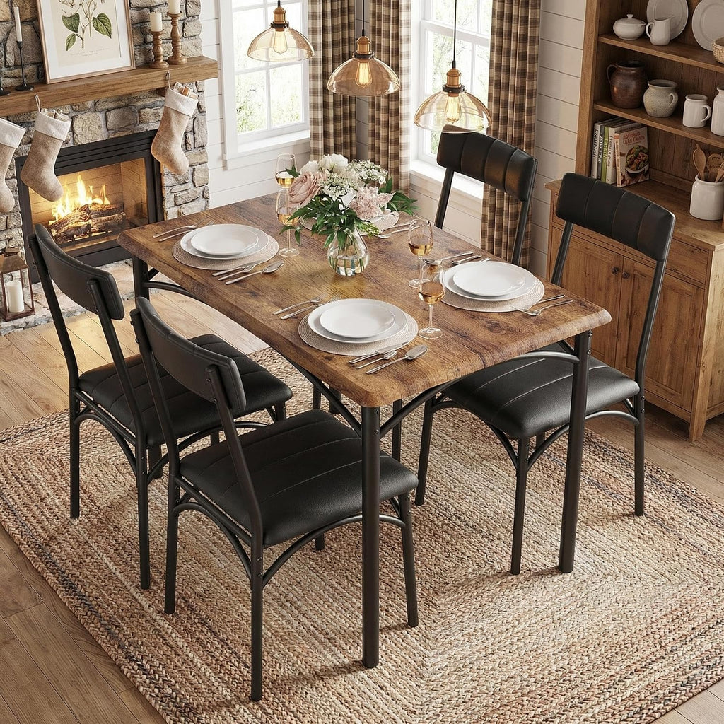 GarveeHome Dining Table Set for 4, Kitchen Table with 4 Upholstered Chairs, Wood Rectangular Dining Table and Chairs Set, for Small Space, Apartment, Dinner, Rustic Brown