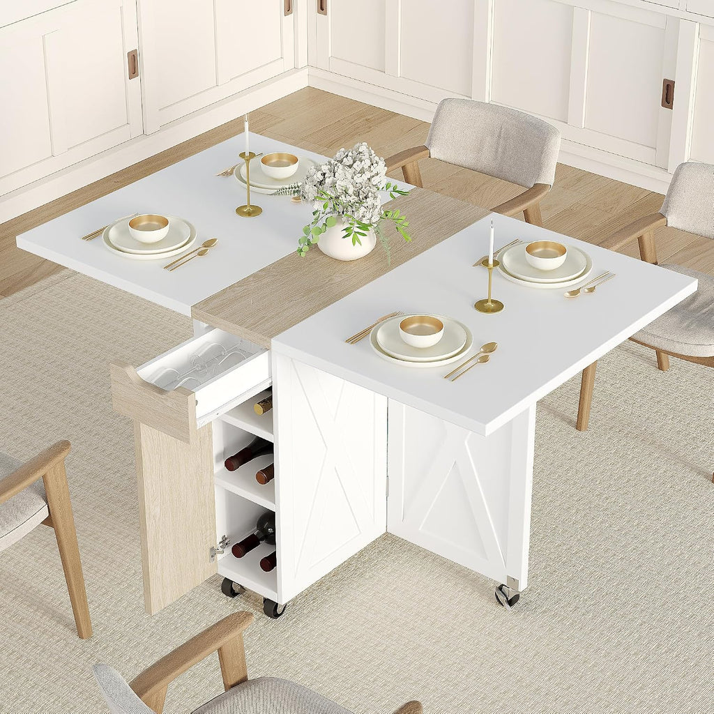 Folding Dining Table with 6 Wheels, Drop Leaf Tables for Small Spaces, Foldable Dining Table with 2-Layer Storage Rack, Kitchen Table with Drawer (White and Oak)