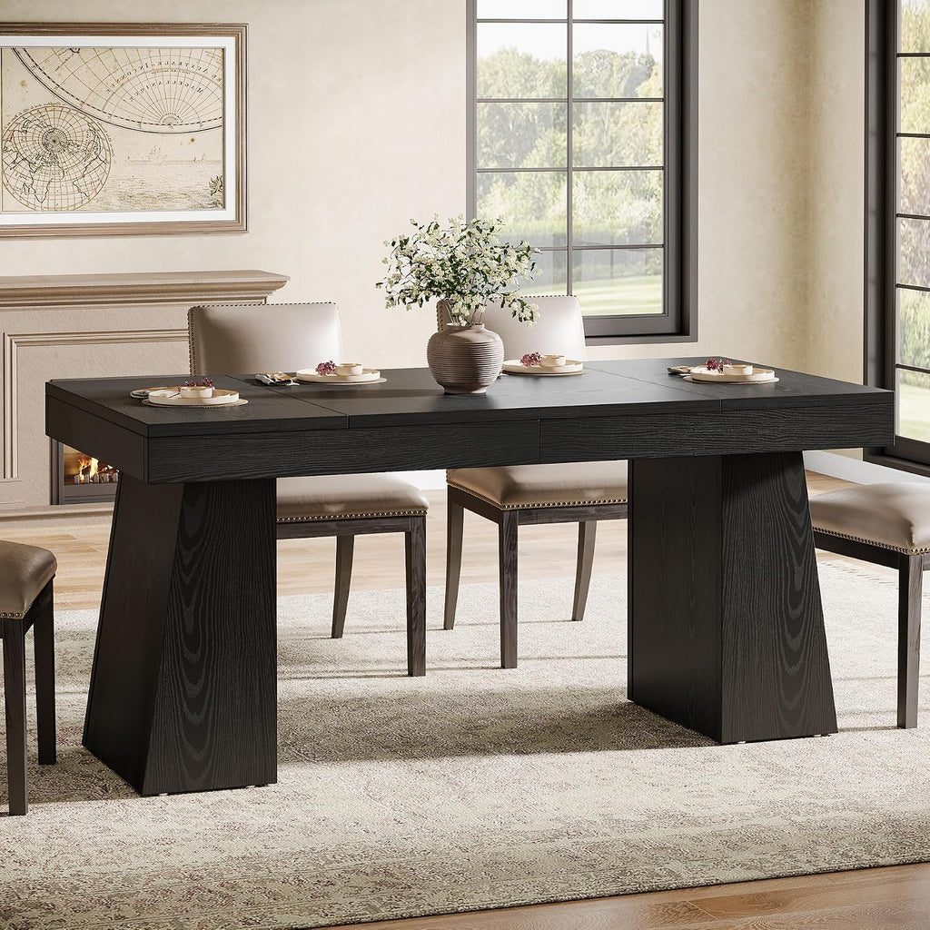 Tribesigns Black Dining Room Table for 4-6, 55-Inch Mid-Century Modern Dining Table with Double Pedstral, Rectangular Wood Kitchen Dinner Table for Dining Room, Kitchen, Home