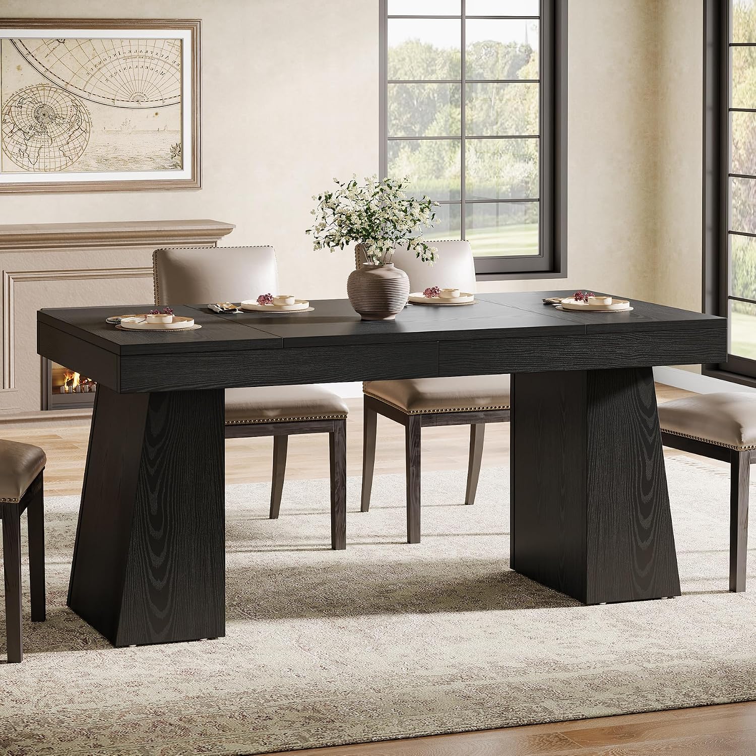 Tribesigns Black Dining Room Table for 4-6, 55-Inch Mid-Century Modern Dining Table with Double Pedstral, Rectangular Wood Kitchen Dinner Table for Dining Room, Kitchen, Home