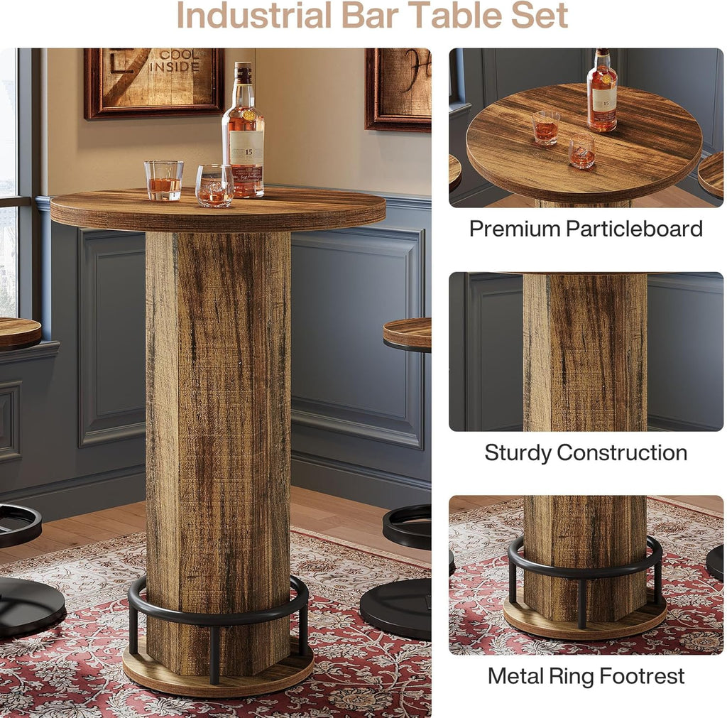 Tribesigns Round Bar Table with Chairs, Industrial Bistro Sets with 2 barstools, Pub Cocktail Table with Metal Ring Footrest for Kitchen Nook, Apartment, Small Space